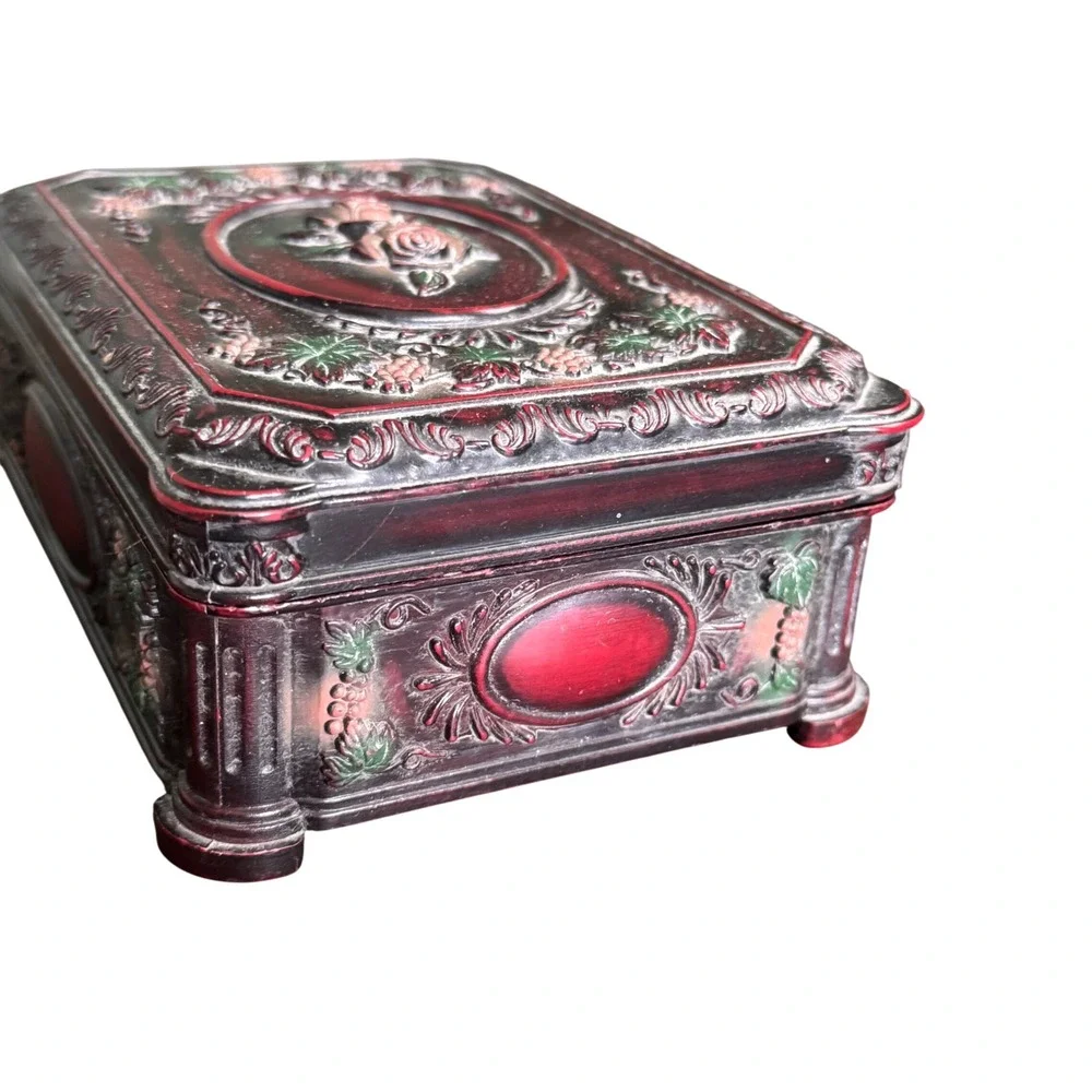 Vintage Style Burgundy Rose and Grapevine Relief Celluloid Jewelry Box